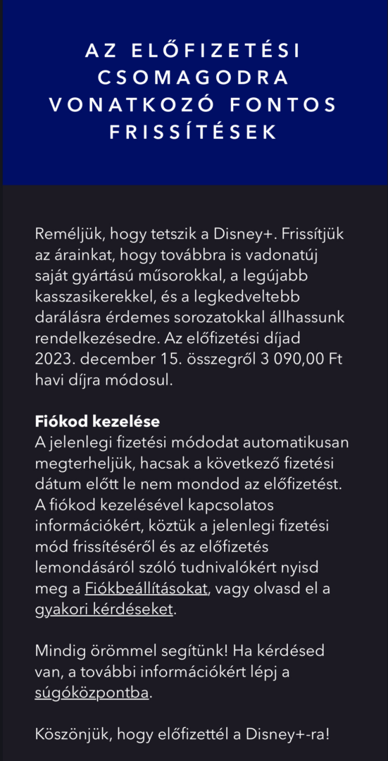 Drágább lett a Disney+ Magyarországon - tájékoztató levél a változásról